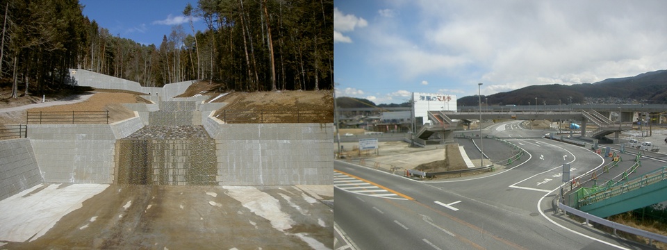 施工実績：（左）平成18年度国補災害関連緊急砂防工事　横河川　左支川　上の原、（右）宮川改良4工事